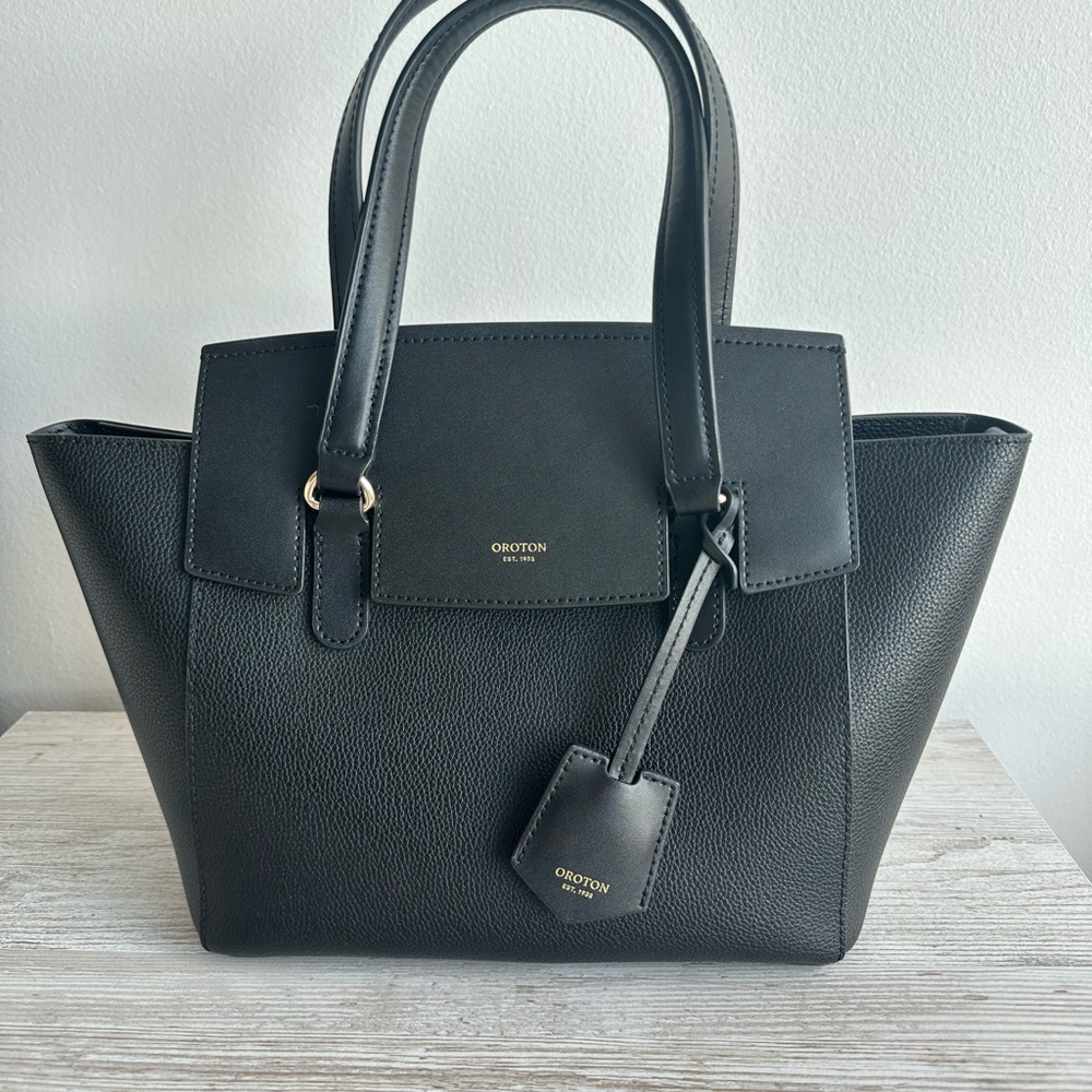 Oroton Black Pebbled Leather Top-Handle Tote with Gold Accents